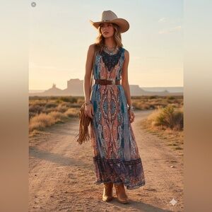 Reba Teal and Rust Paisley Maxi Dress